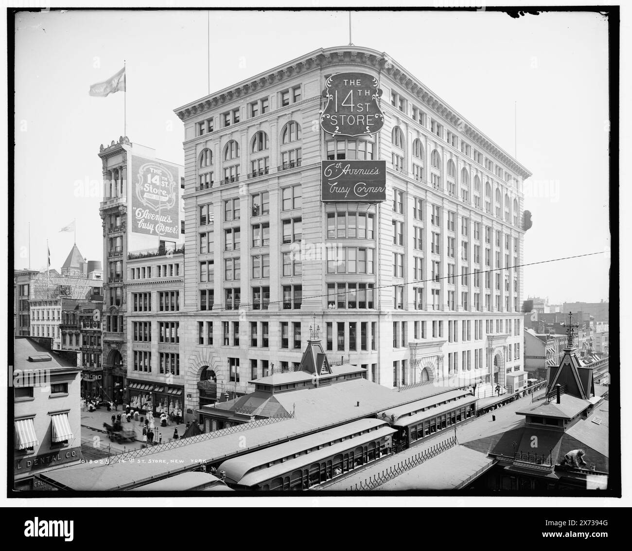 14th St. Store, New York, 'Henry Siegel, Pres.' on building., Date based on Detroit, Catalogue P (1906)., '376' on negative., Detroit Publishing Co. no. 018025., Gift; State Historical Society of Colorado; 1949,  Department stores. , Elevated railroads. , United States, New York (State), New York. Stock Photo