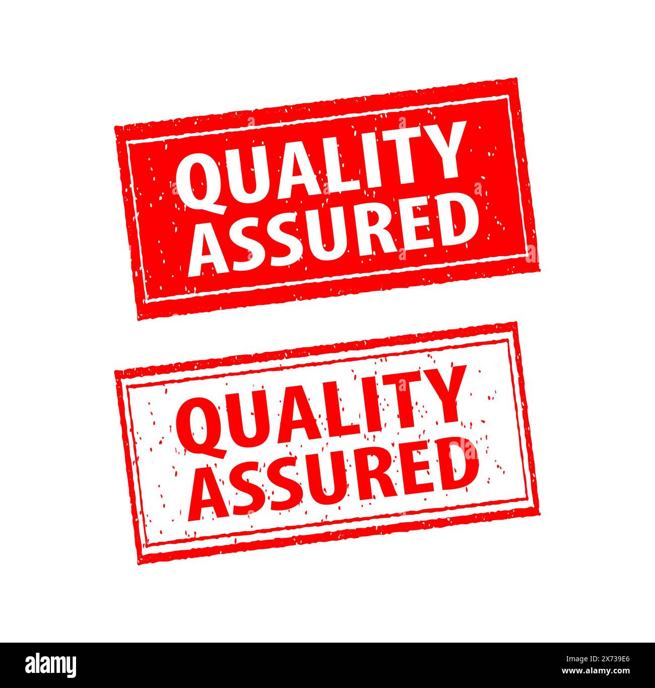 Quality Assured are written on red and white stamps. Grunge vintage Quality Assured square stamp Stock Vector