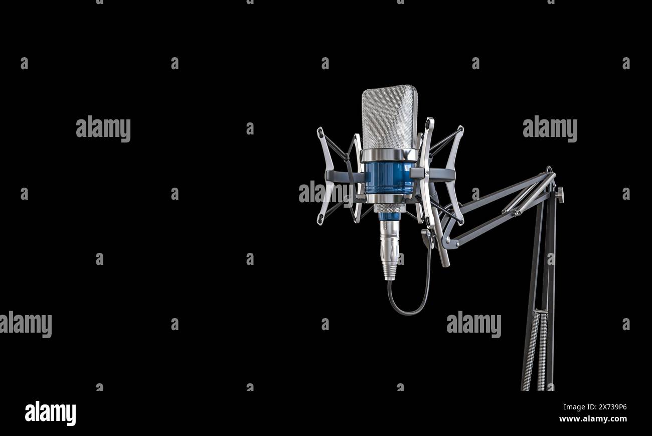 studio microphone shock mount  dark backdrop. sound, music, podcast Stock Photo