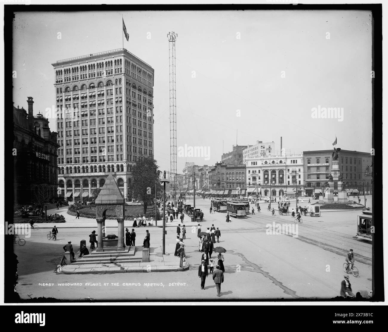 Woodward Avenue at the Campus Martius, Detroit, Title in Detroit, Catalogue J (1901) continues: , . showing Bagley Fountain., Detroit Publishing Co. no. 012427., Gift; State Historical Society of Colorado; 1949,  Streets. , Fountains. , Plazas. , United States, Michigan, Detroit. Stock Photo