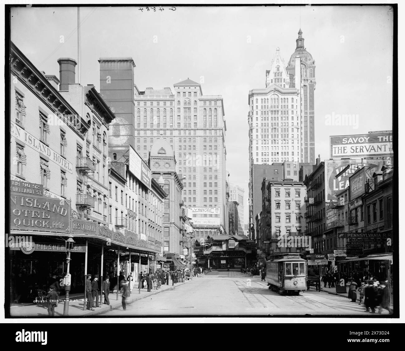 Courtland St. i.e. Cortlandt Street, N.Y., 'G 4884' on negative., Detroit Publishing Co. no. 070690., Gift; State Historical Society of Colorado; 1949,  Streets. , Commercial facilities. , United States, New York (State), New York. Stock Photo