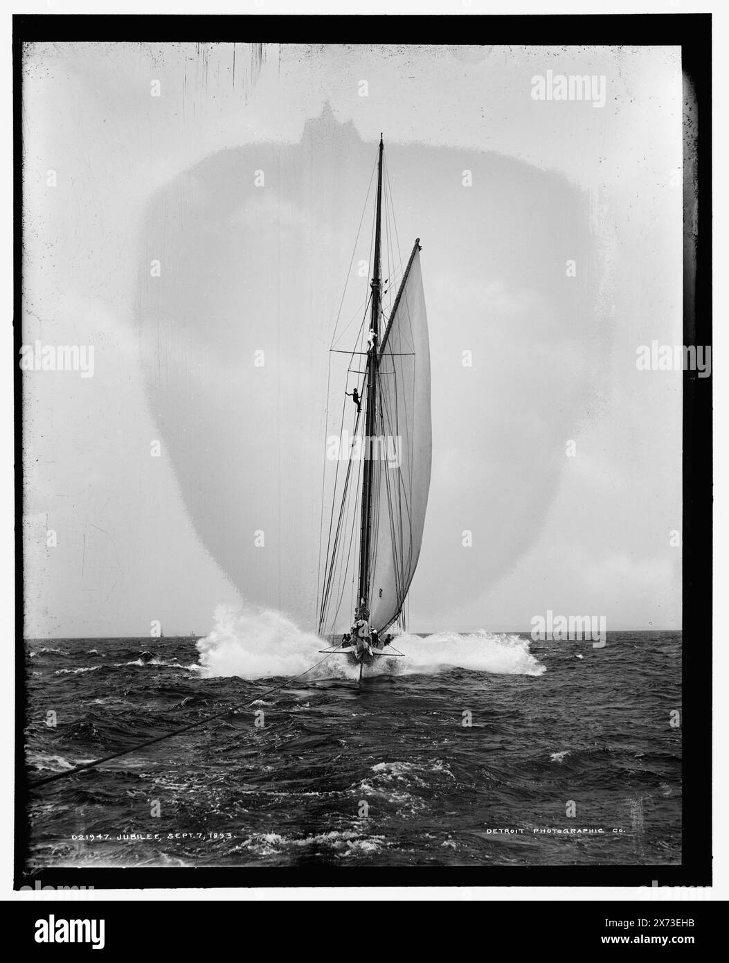 Jubilee, Sept. 7, 1893, Attribution based on style of title and numbering., Trial race for America's Cup., '305' on negative., Detroit Publishing Co. no. 021947., Gift; State Historical Society of Colorado; 1949,  Jubilee (Yacht) , Yachts. , Regattas. , America's Cup races. Stock Photo