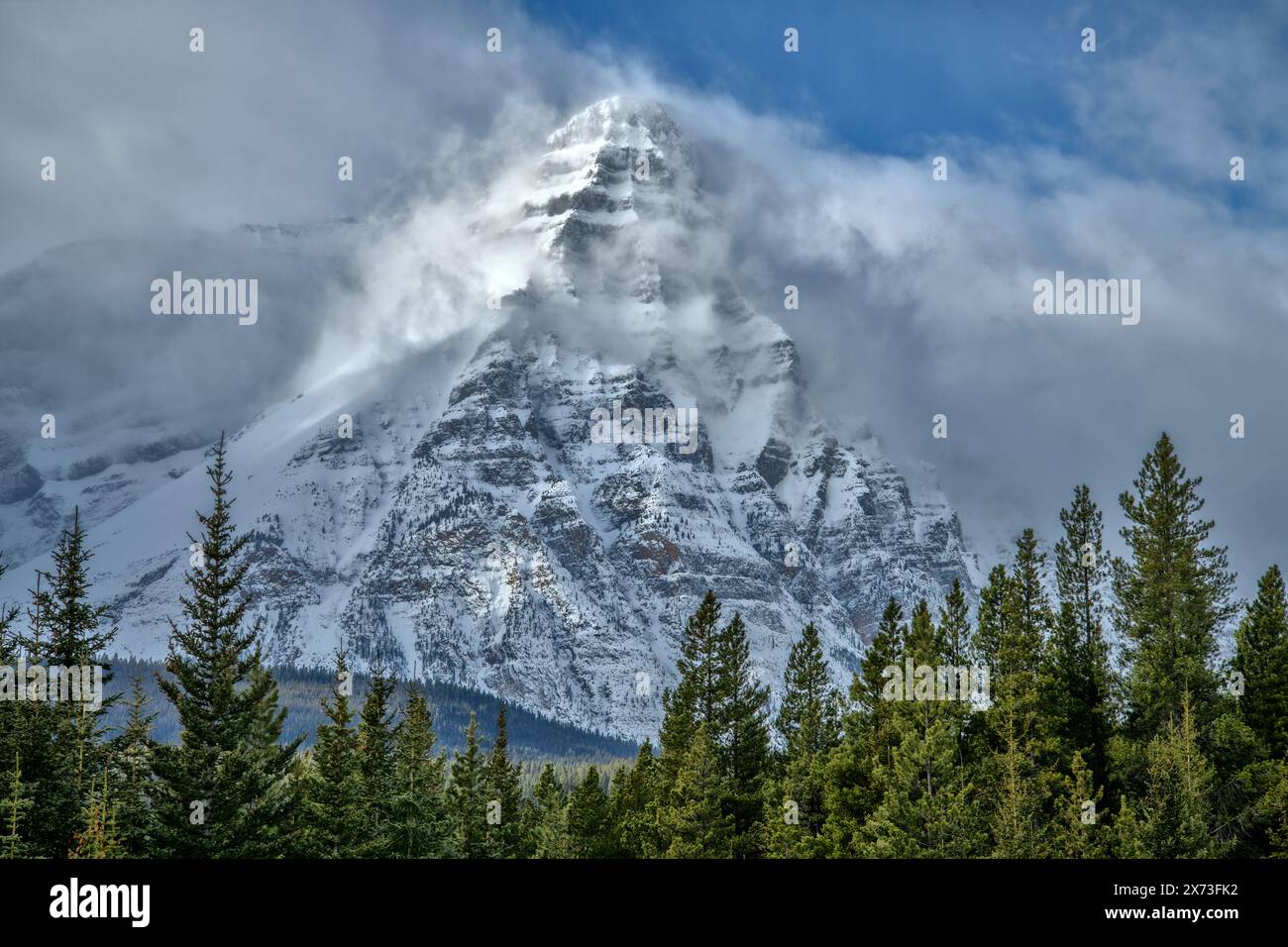 Canada; Alberta; Rocky Mountains; Banff; National Park; Lake , White Pyramid peak along Icefield Parkway, Stock Photo