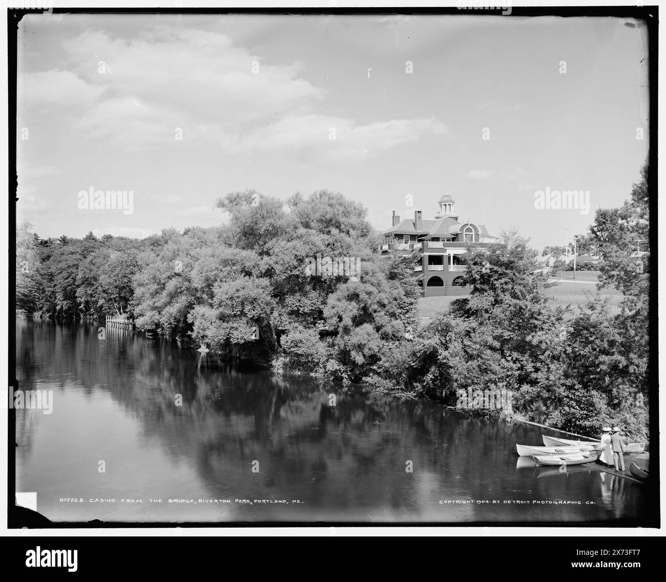 Casino from the bridge, Riverton Park, Portland, Me., Corresponding glass transparency (with same series code) available on videodisc frame 1A-30154., '[, .] 65' on negative., Detroit Publishing Co. no. 017728., Gift; State Historical Society of Colorado; 1949,  Casinos. , Parks. , Rivers. , United States, Maine, Portland. Stock Photo