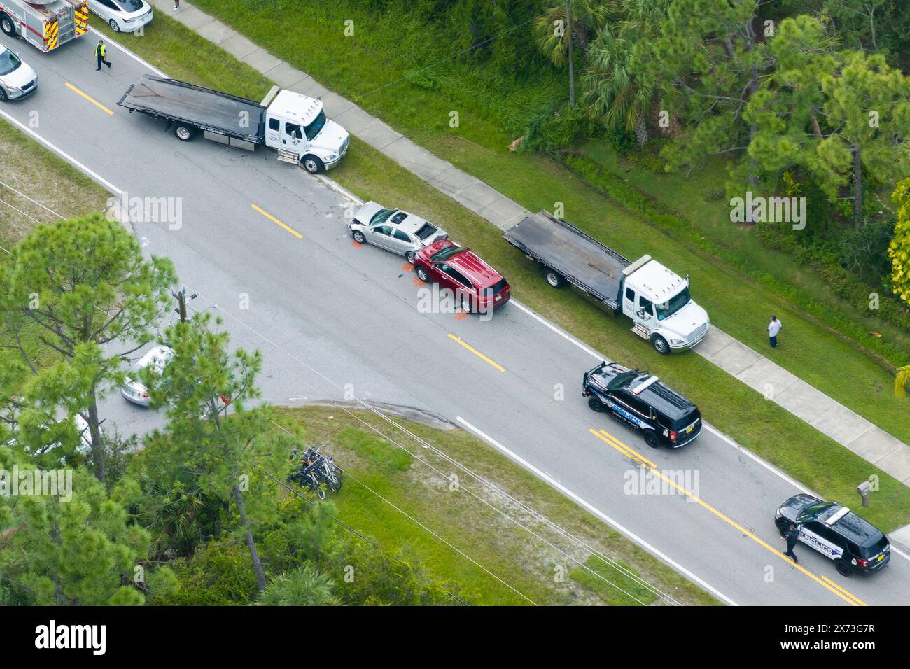 Top view of first responders at car accident site in Florida. Emergency ...