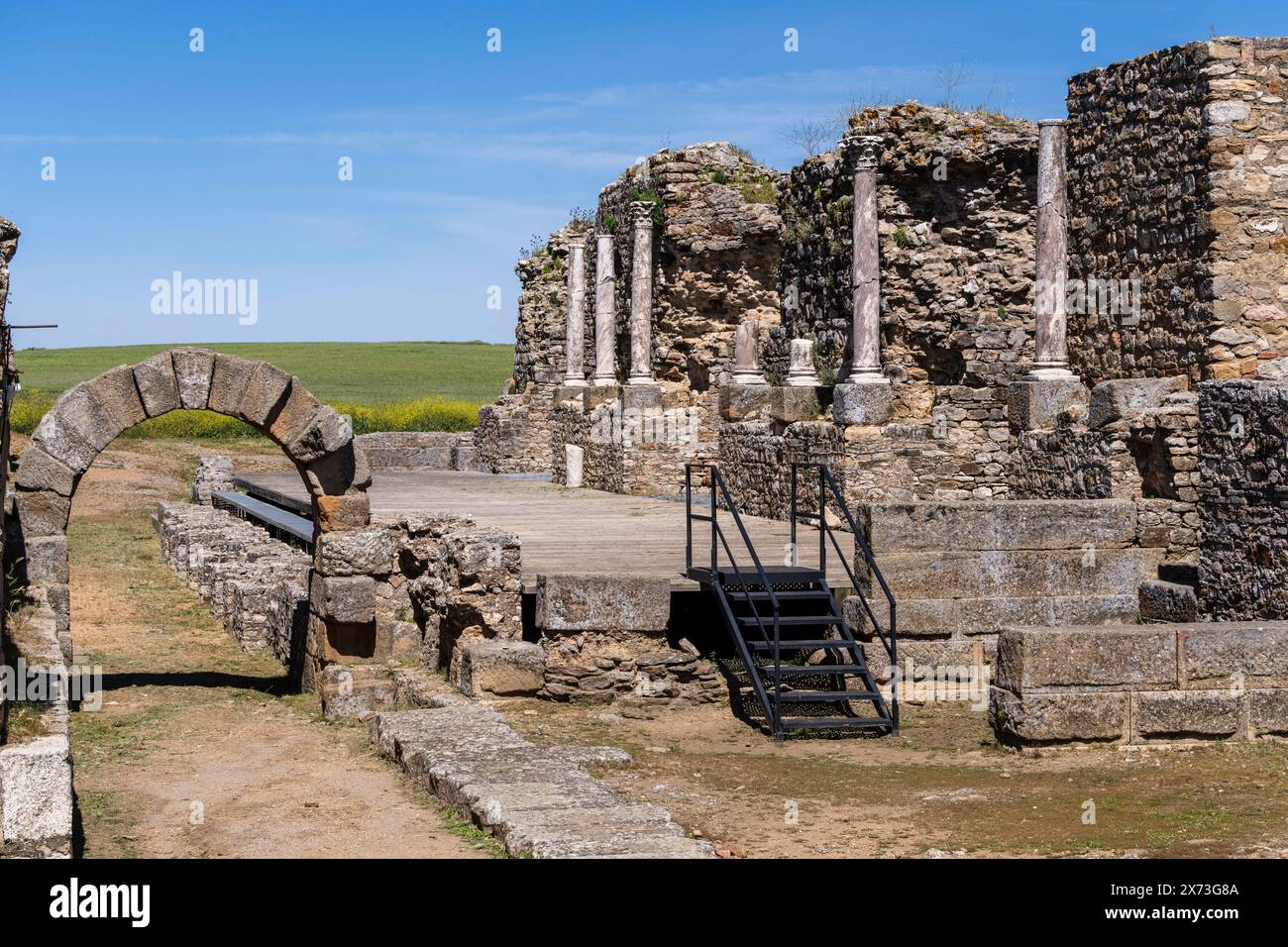 View of the Roman theater, Regina Turdulorum, Roman city, Casas de Reina, Estremadura province, Spain Stock Photo