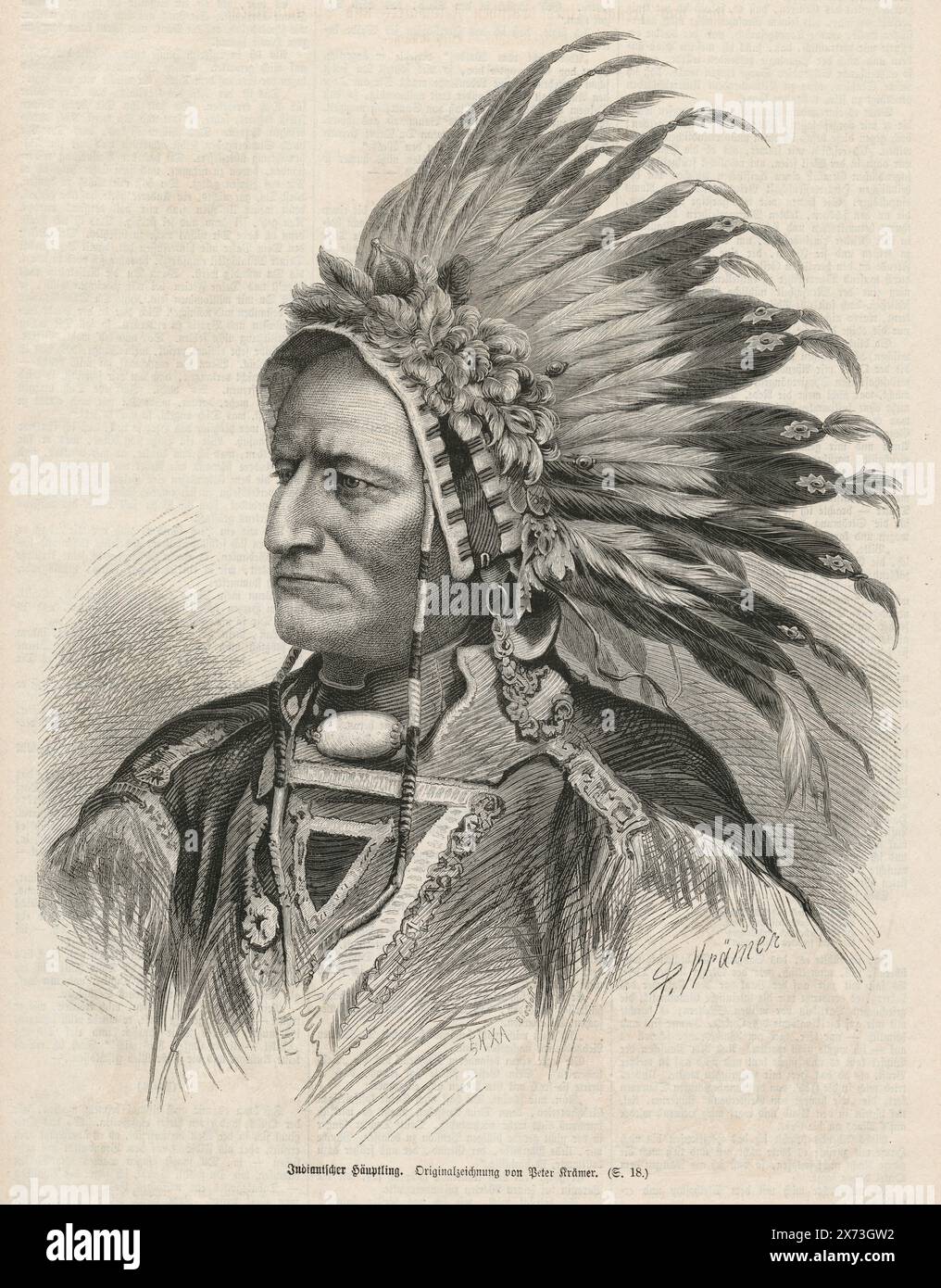 Antique 1872 engraving, an Indian chief, from a German magazine. SOURCE: ORIGINAL ENGRAVING Stock Photo