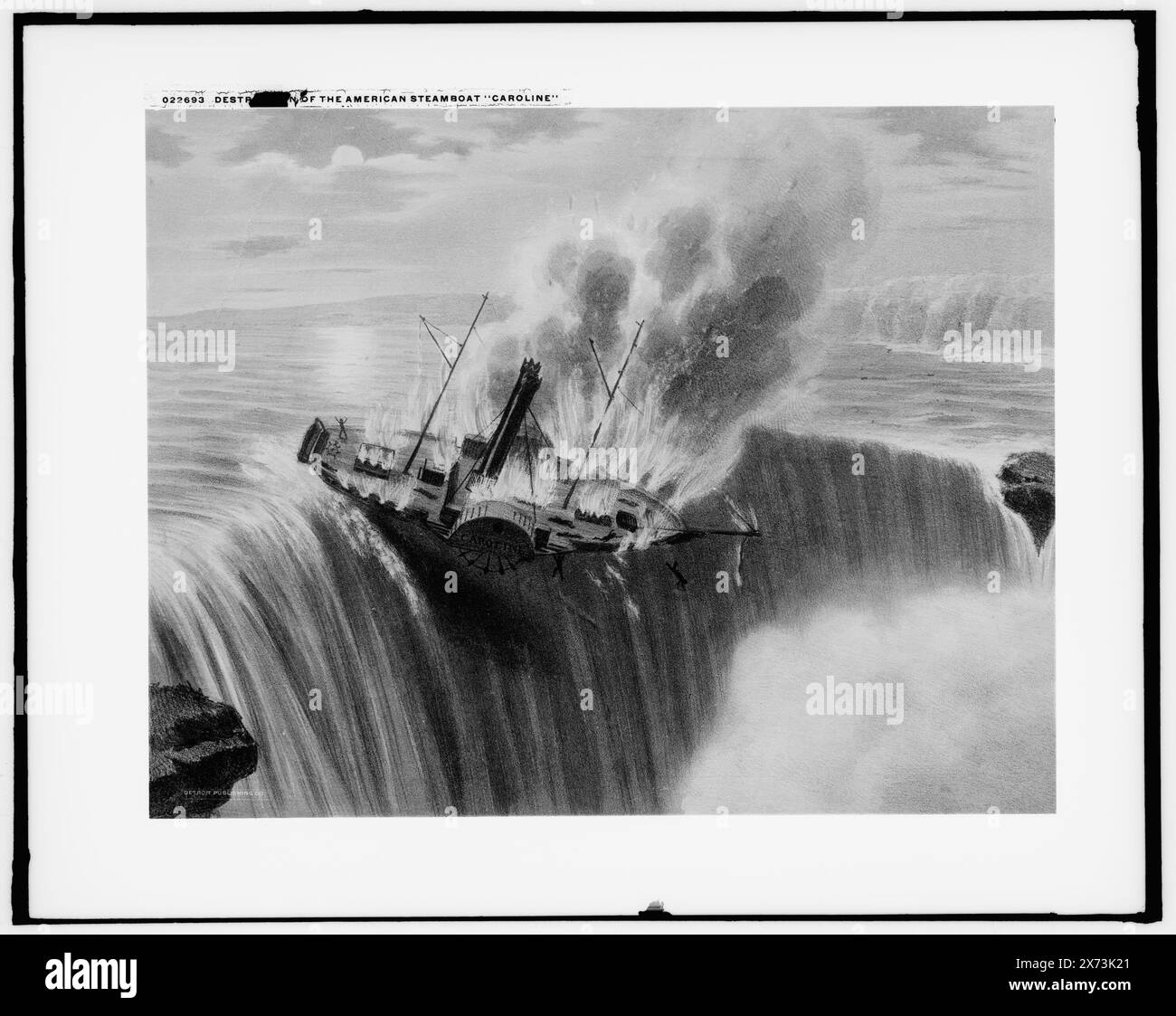 Destruction of the American steamboat Caroline, Photograph of print of the steamer Caroline, which was burned by the British in December 1837 for supplying Canadian rebellion and drifted over Niagara Falls., Detroit Publishing Co. no. M 22693., Gift; State Historical Society of Colorado; 1949,  Caroline (Side wheeler) , Ship accidents. , Waterfalls. , Side wheelers. , Canada, History, Rebellion, 1837-1838. , United States, New York (State), Niagara Falls. , Canada, Ontario, Niagara Falls. Stock Photo