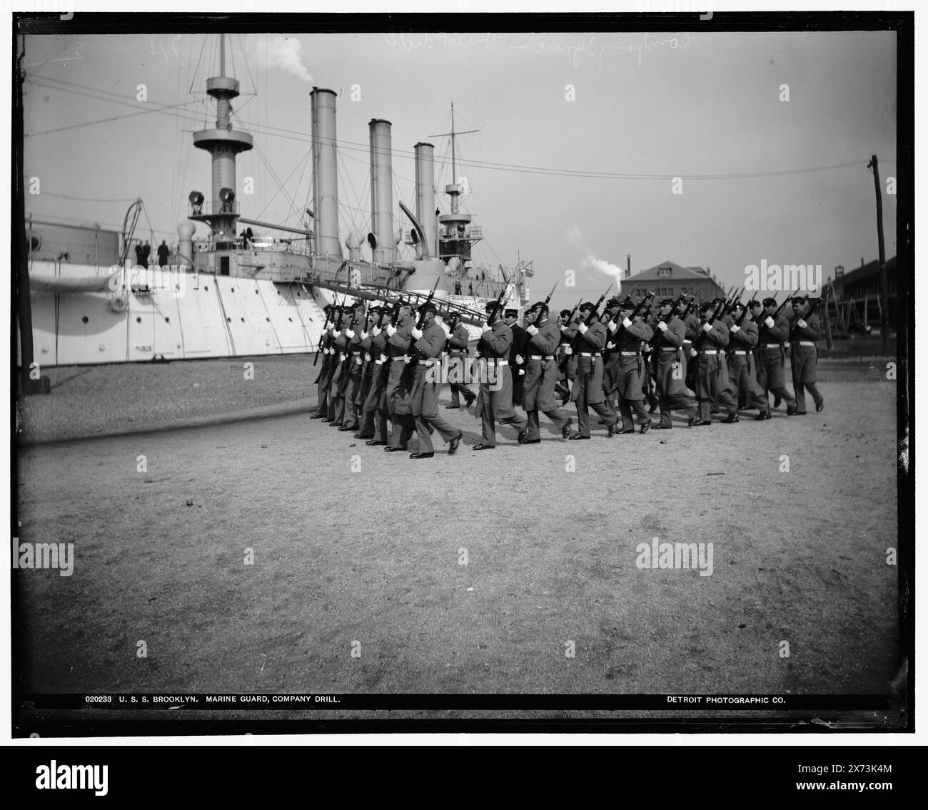 U.S.S. Brooklyn, Marine guard company drill, Attribution based on negative D4-20231., '711' and '2' on negative., Detroit Publishing Co. no. 020233., Gift; State Historical Society of Colorado; 1949,  Brooklyn (Cruiser) , United States., Marine Corps. , Military training. , Soldiers, American. , Cruisers (Warships), American. Stock Photo