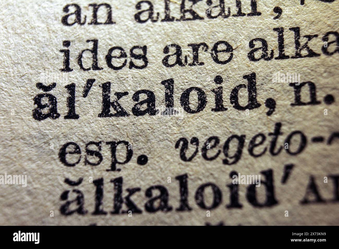 Word alkaloid on dictionary page, macro close-up Stock Photo