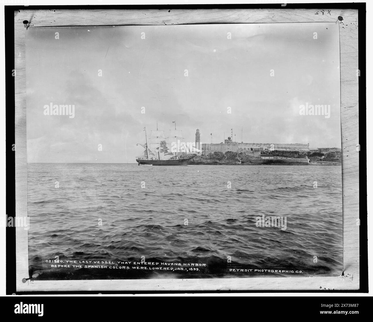 The Last vessel that entered Havana harbor before the Spanish colors were lowered, Jan. 1, 1899, Date based on Detroit, Catalogue J (1901)., Also available as photographic print in LOT 3000 U with copy negative LC-USZ62-65486 (b&w film neg.)., 'X 82' on negative., Detroit Publishing Co. no. 021550., Gift; State Historical Society of Colorado; 1949,  Military occupations. , Ships. , Harbors. , Spanish-American War, 1898. , Cuba, Havana. Stock Photo