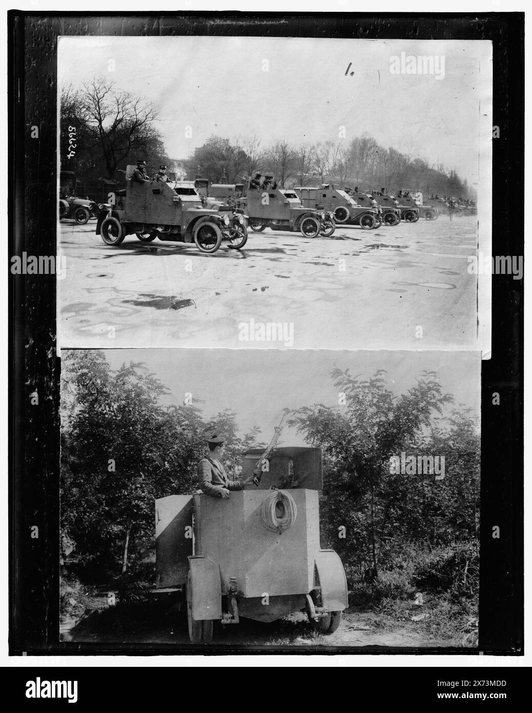 Row of armored cars ; Soldier with weapon in armored car, Title devised by cataloger., Photo of two photographic prints; probably World War I., '56624' on top photographic print., No Detroit Publishing Co. no., Gift; State Historical Society of Colorado; 1949,  Armored vehicles. , World War, 1914-1918. Stock Photo