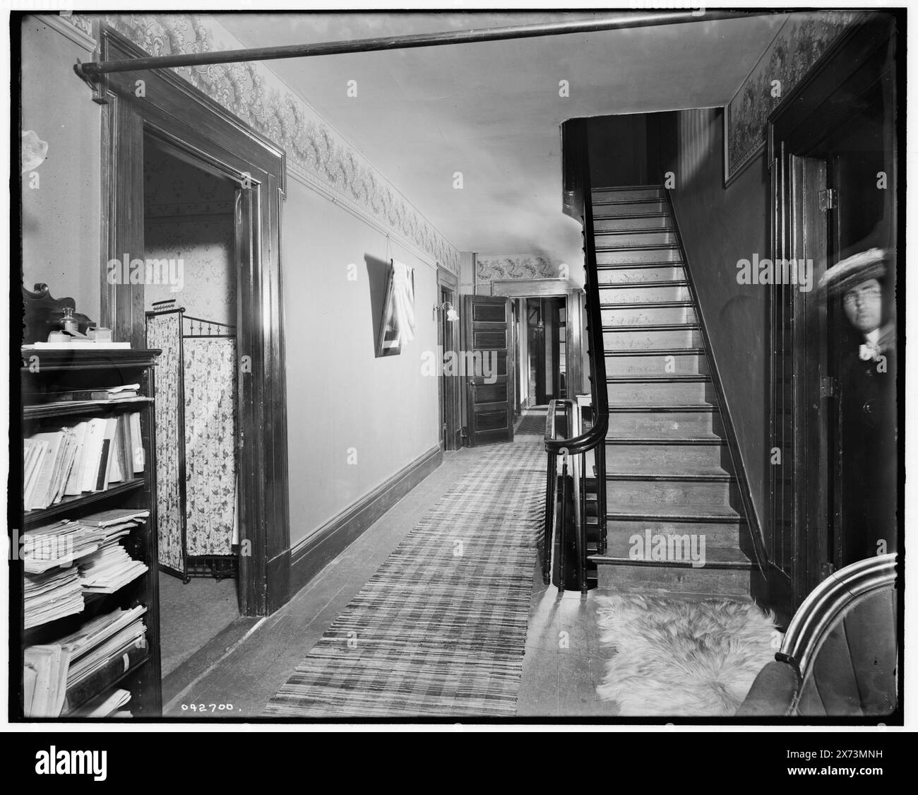 The Firs, upper hall, New Baltimore, Mich., Title from jacket., Detroit Publishing Co. no. 042700., Gift; State Historical Society of Colorado; 1949,  Dwellings. , Stairways. , Passageways. , United States, Michigan, New Baltimore. Stock Photo