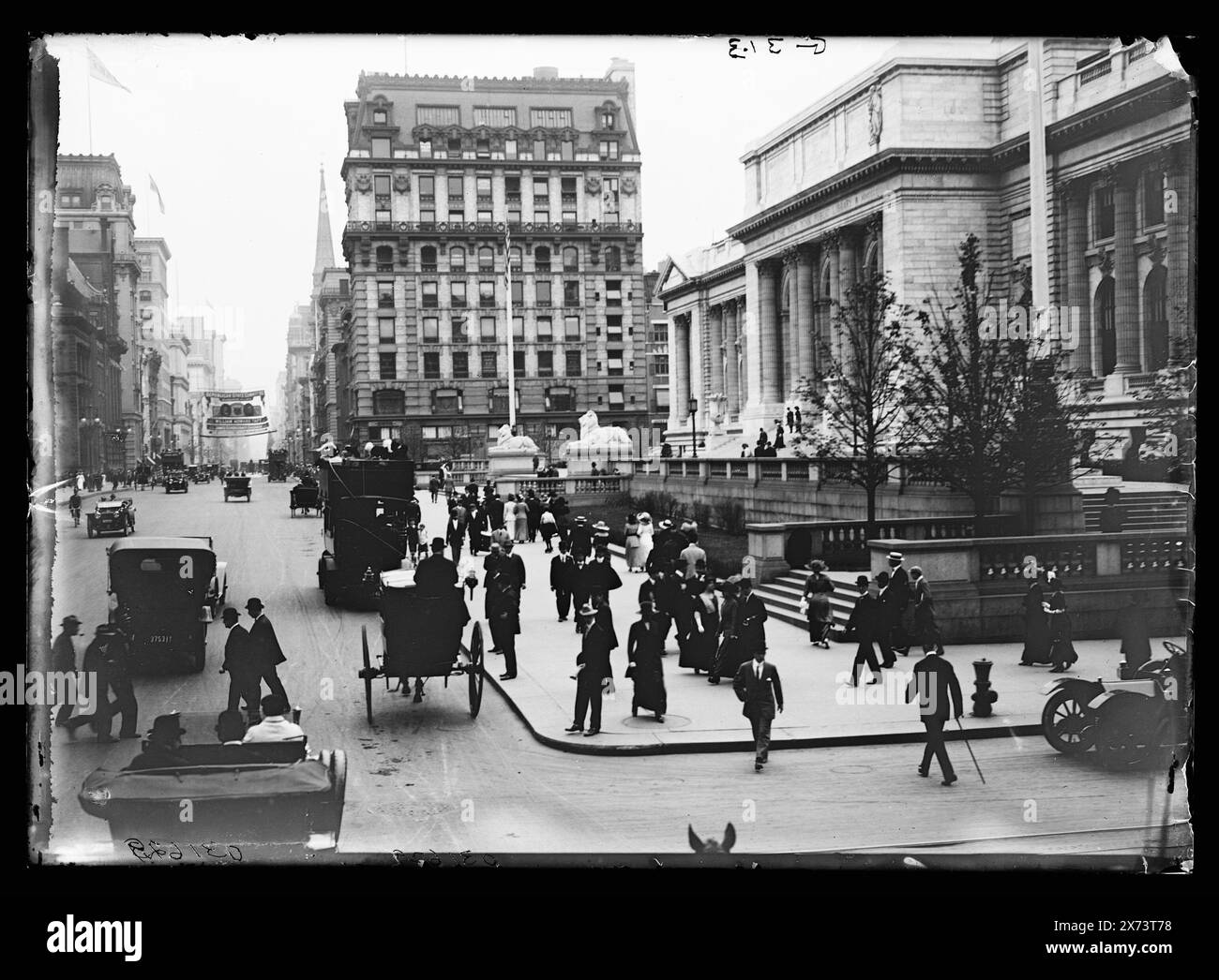 Fifth Avenue and New York Public Library at Forty-second Street, New York, N.Y., Title devised by cataloger., 'G 313' on negative., 'Republican State Committee, William Howard Taft' on banner across street., Detroit Publishing Co. no. 031629., Gift; State Historical Society of Colorado; 1949,  Libraries. , Streets. , Commercial facilities. , United States, New York (State), New York. Stock Photo