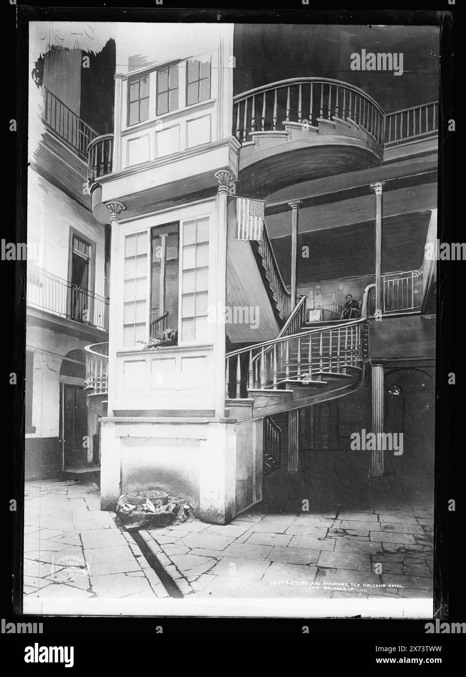 Court and stairway, Old Orleans Hotel, New Orleans, La., Detroit Publishing Co. no. 09374., Gift; State Historical Society of Colorado; 1949,  Hotels. , Stairways. , Courtyards. , United States, Louisiana, New Orleans. Stock Photo