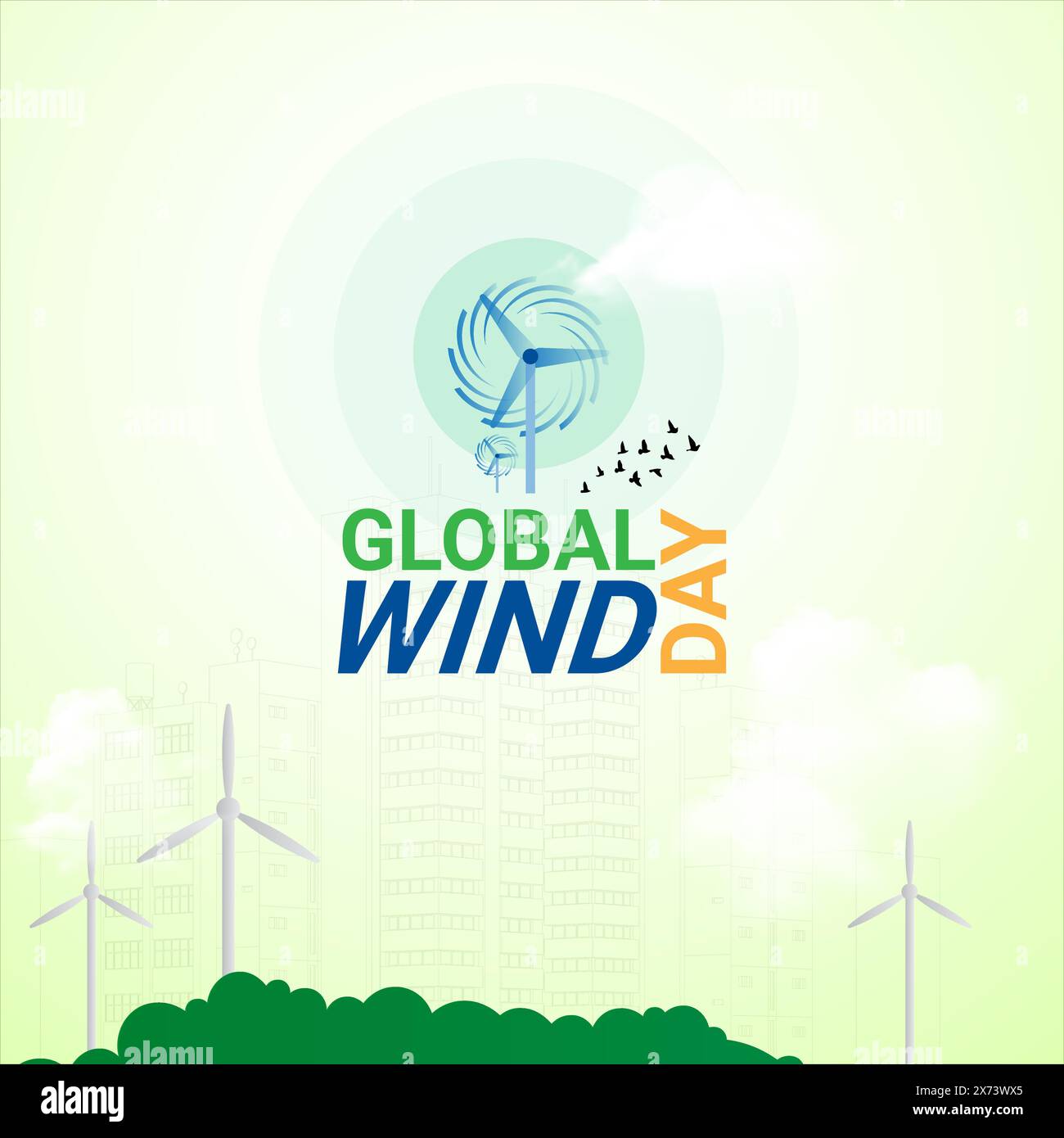 Global Wind Day green natural creative ad design. earth globe and wind, ESG and Clean Energy Concept, Concept of sustainable ecological future Stock Vector