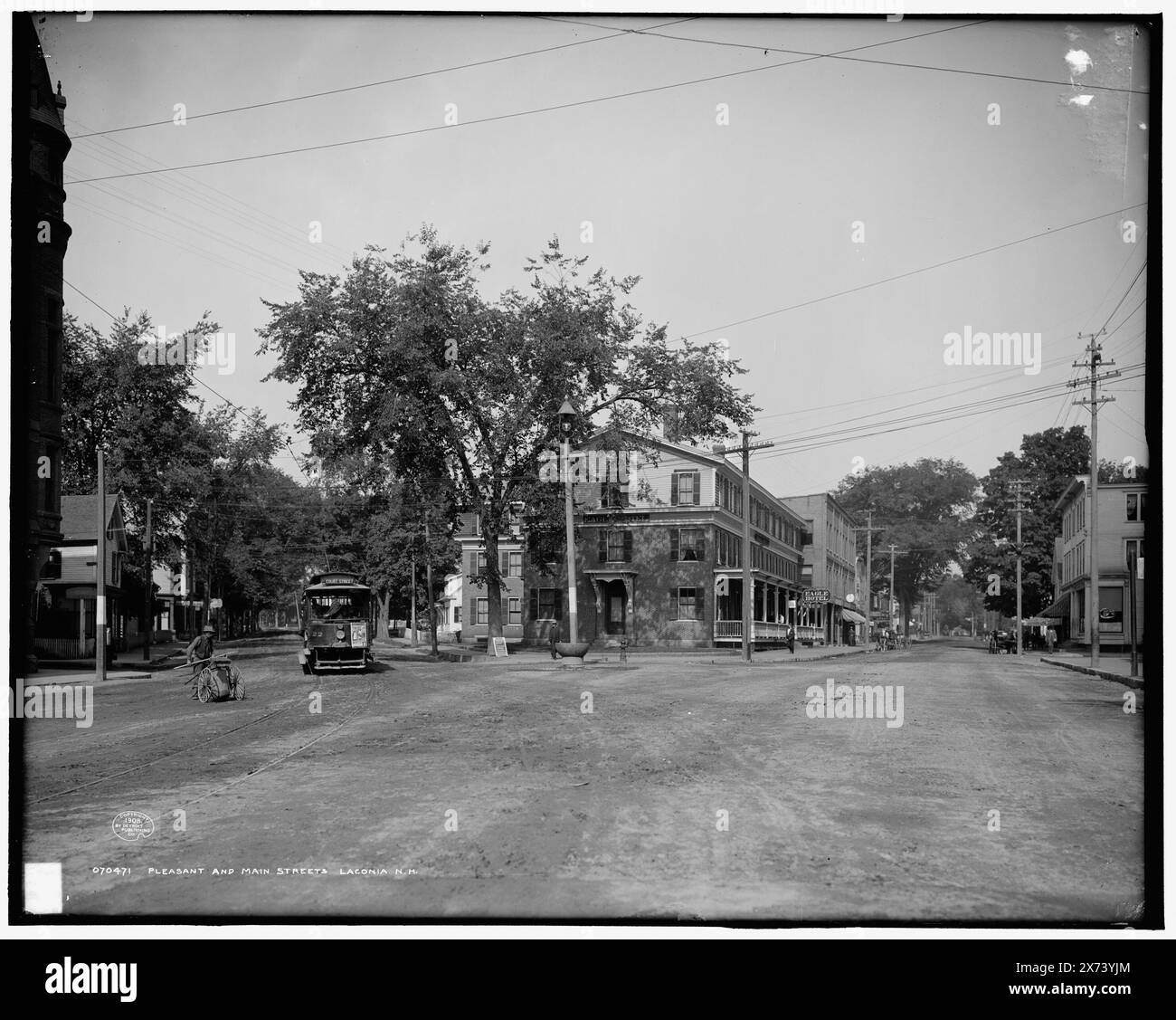 Pleasant and Main Streets, Laconia, N.H., 'Eagle Hotel' in center background., '4400' on negative., Detroit Publishing Co. no. 070471., Gift; State Historical Society of Colorado; 1949,  Streets. , United States, New Hampshire, Laconia. Stock Photo