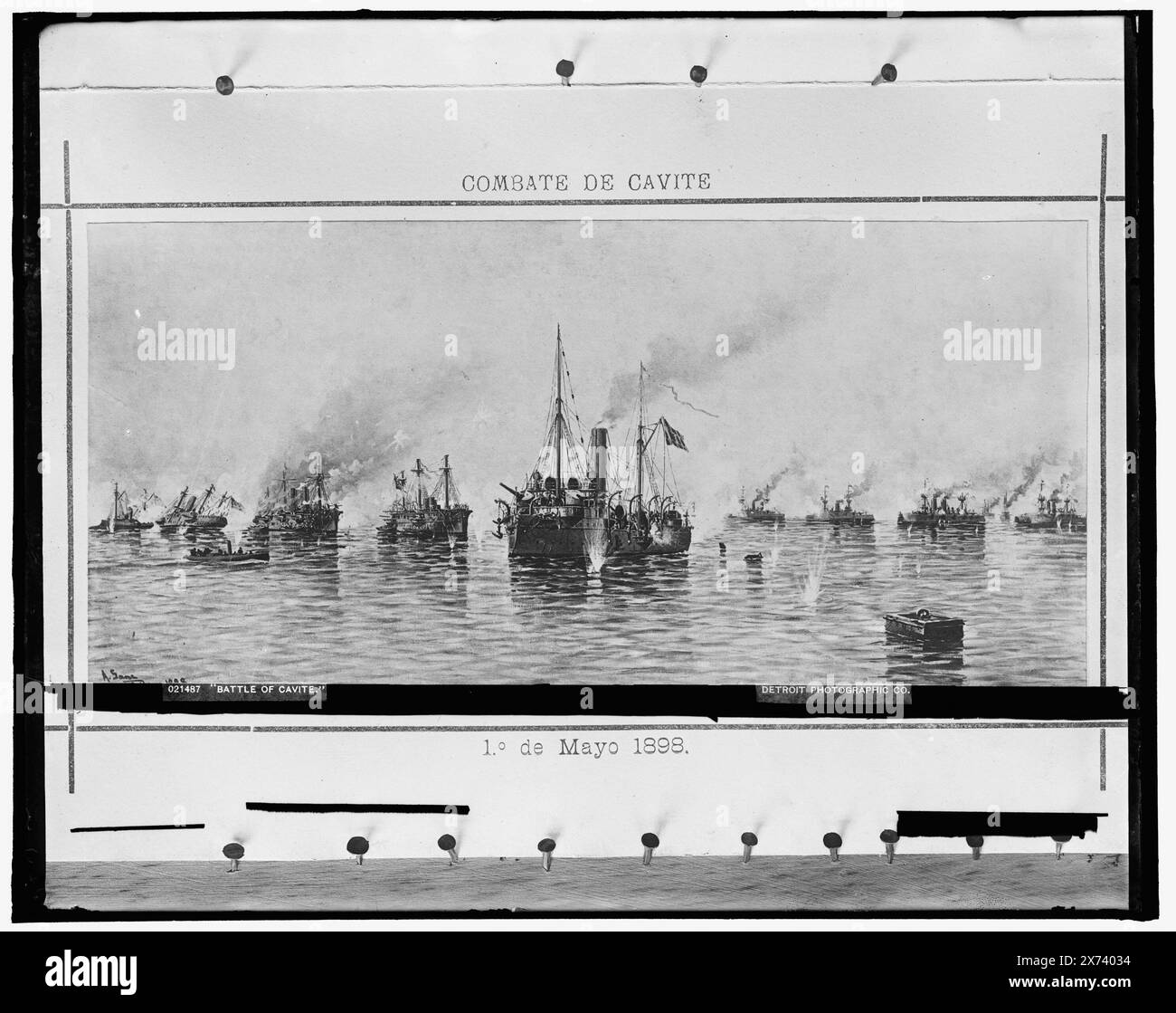 Combate de Cavite, 1o de mayo 1898, Photograph of a painting or possibly a print or illustration., Caption on negative: Battle of Cavite., Detroit Publishing Co. no. M 21487., Gift; State Historical Society of Colorado; 1949,  Manila Bay, Battle of, Philippines, 1898. , Naval warfare. , Spanish-American War, 1898. , Philippines, Cavite. Stock Photo