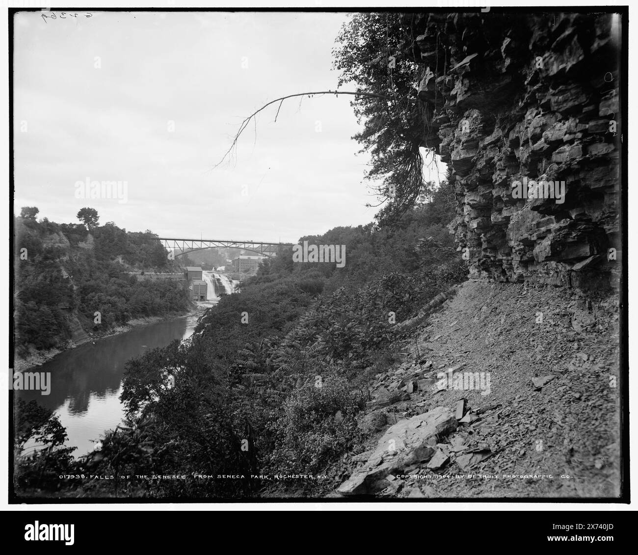 Falls of the Genesee from Seneca Park, Rochester, N.Y., 'G 2369' on negative., Detroit Publishing Co. no. 017938., Gift; State Historical Society of Colorado; 1949,  Waterfalls. , Rivers. , Parks. , United States, New York (State), Rochester. , United States, New York (State), Genesee River. Stock Photo