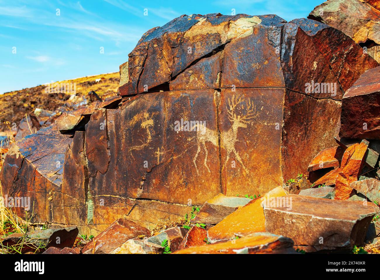 Ancient cave paintings on rocks in Karasay gorge, Taraz, Zhambyl Region ...
