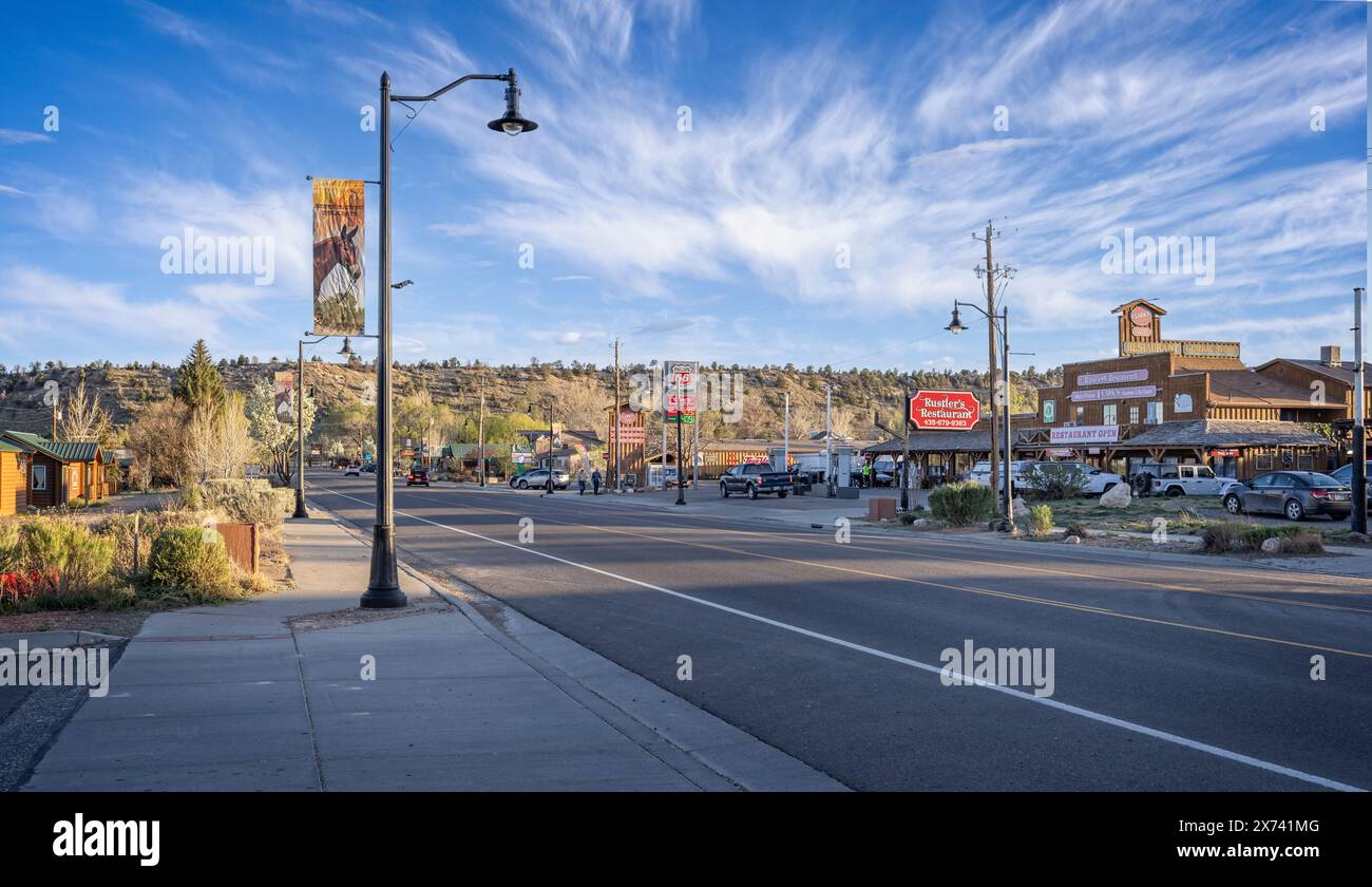 View looking North along Main Street in Tropic, Utah, USA on 23 April ...