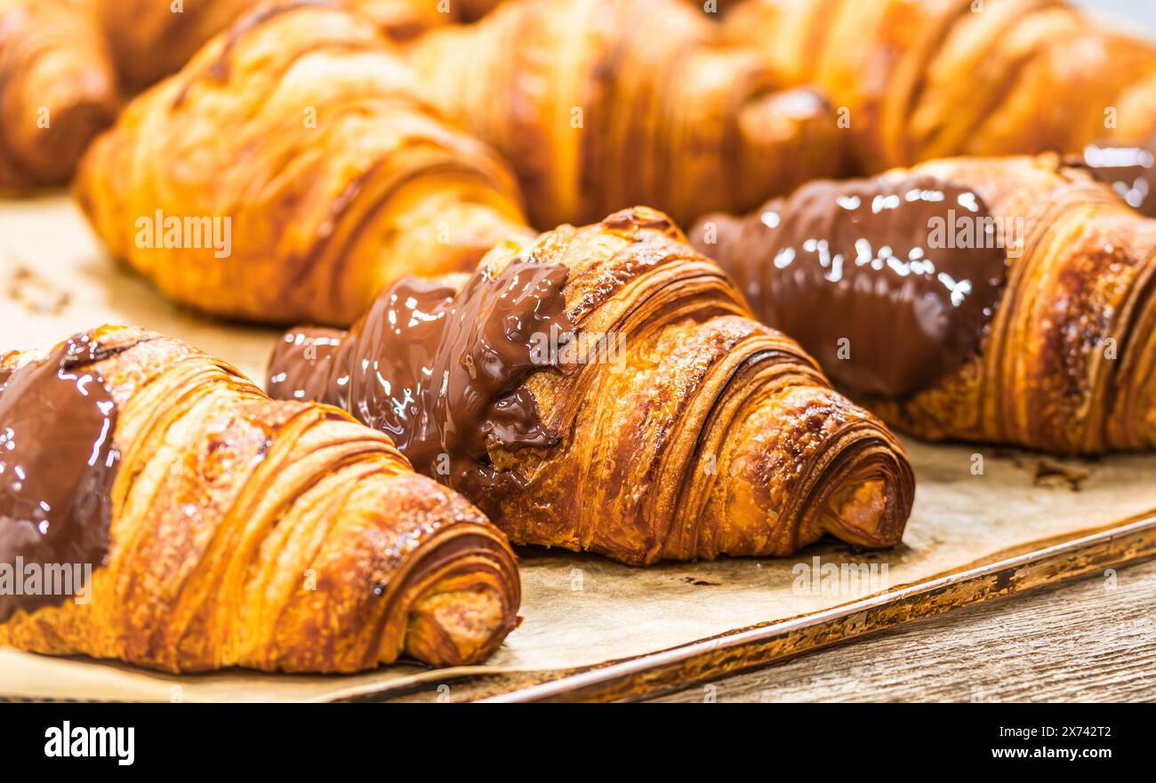 Freshly baked chocolate croissants Stock Photo