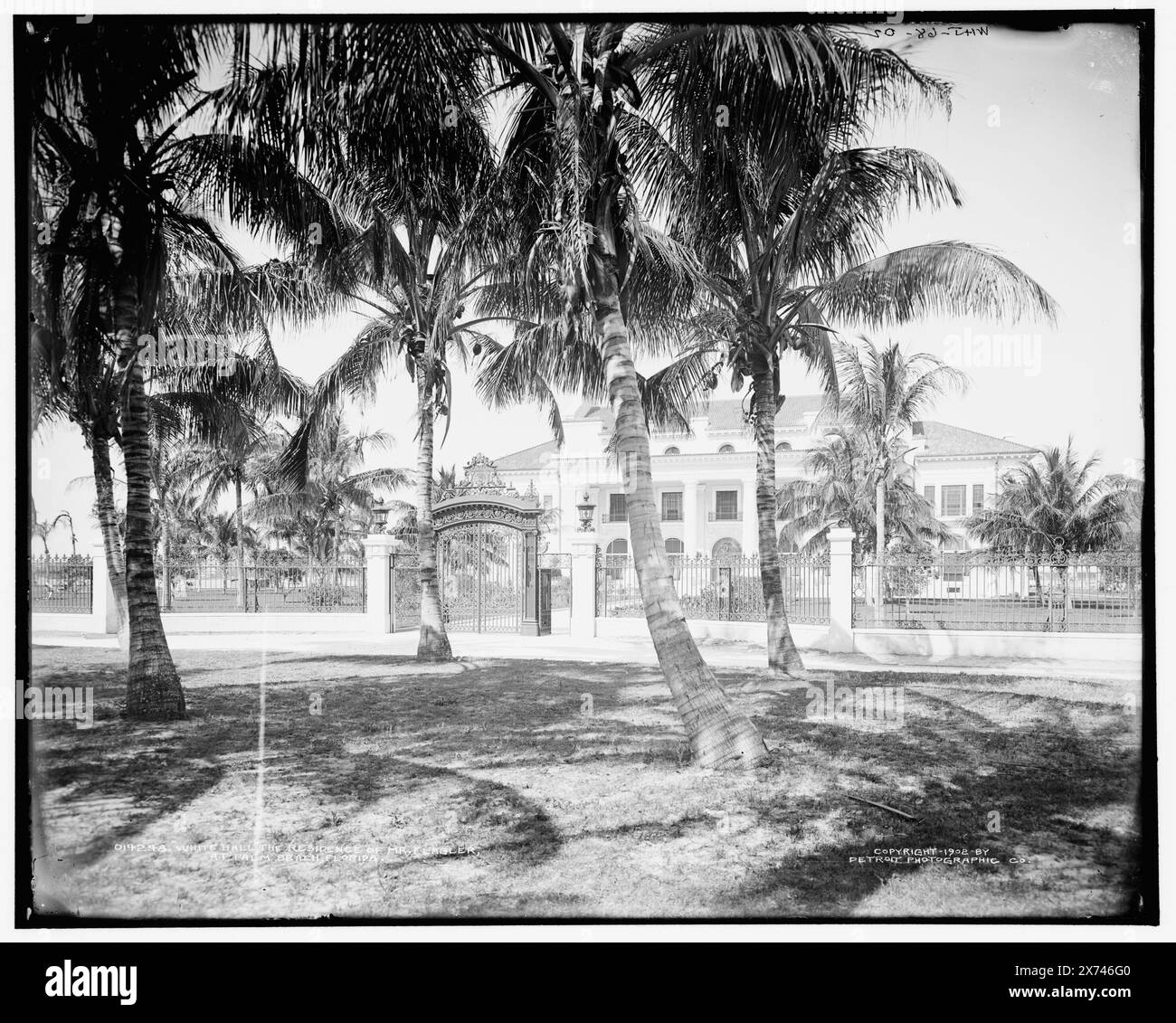 Whitehall, the residence of Mr. Flagler at Palm Beach, Florida, 'WHJ 68-02' on negative., Detroit Publishing Co. no. 014248., Gift; State Historical Society of Colorado; 1949,  Flagler, Henry Morrison,, 1830-1913, Homes & haunts. , Dwellings. , Gates. , United States, Florida, Palm Beach. Stock Photo