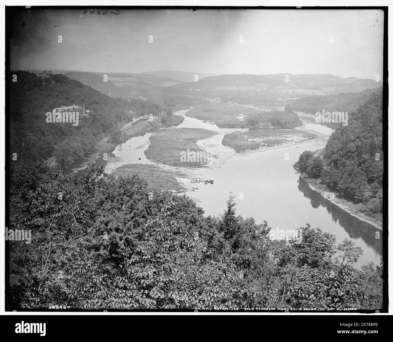 Up the Delaware from Prospect Rock, Delaware Water Gap, Pa., Title from jacket., Resort hotel, Kittatinny House, at left., 'G 6346' on negative., Detroit Publishing Co. no. 039266., Gift; State Historical Society of Colorado; 1949,  Rivers. , Passes (Landforms) , Resorts. , United States, New Jersey, Delaware River. , United States, Pennsylvania, Delaware River. Stock Photo