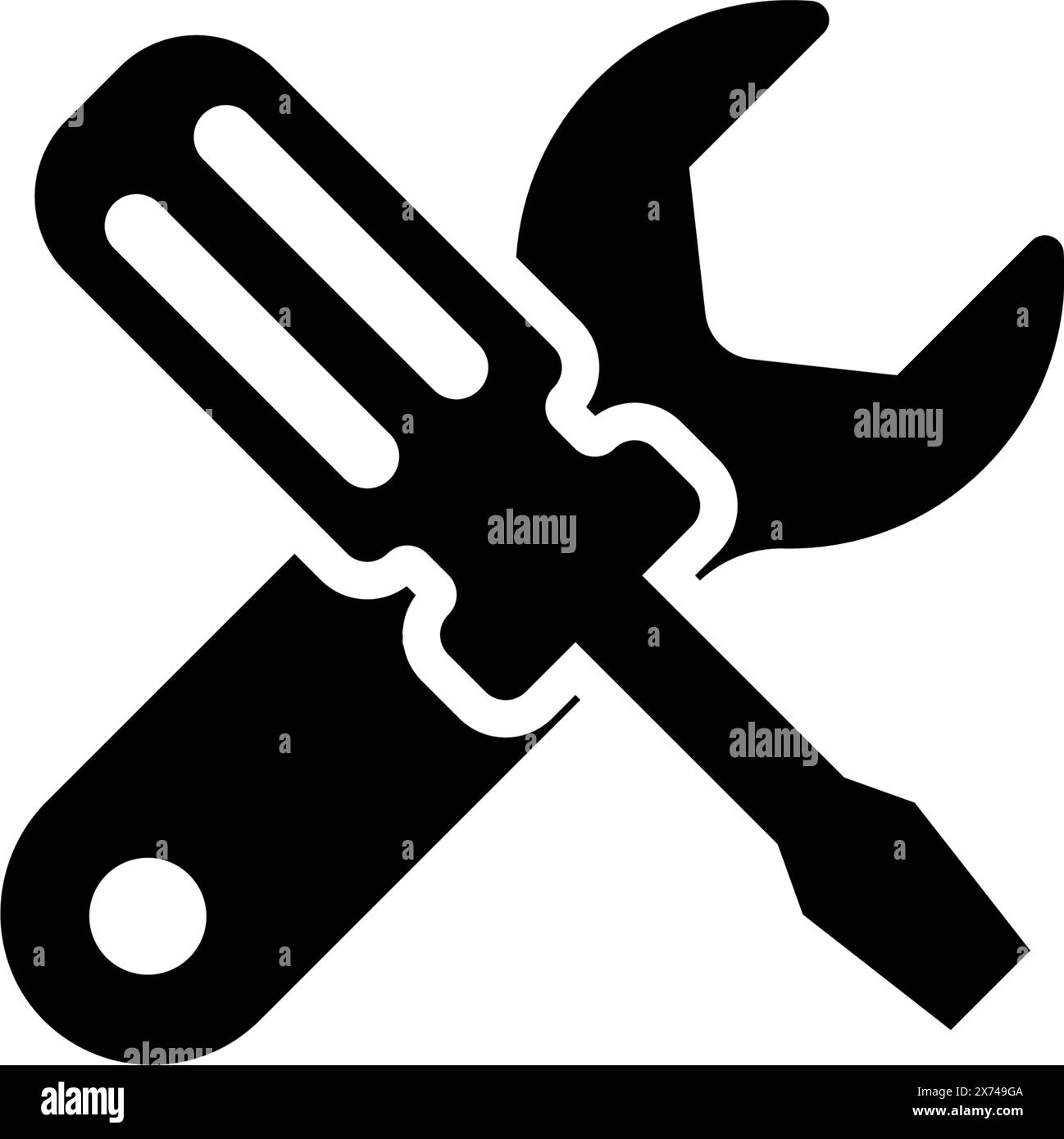 A simple black and white icon depicting a crossed wrench and ...