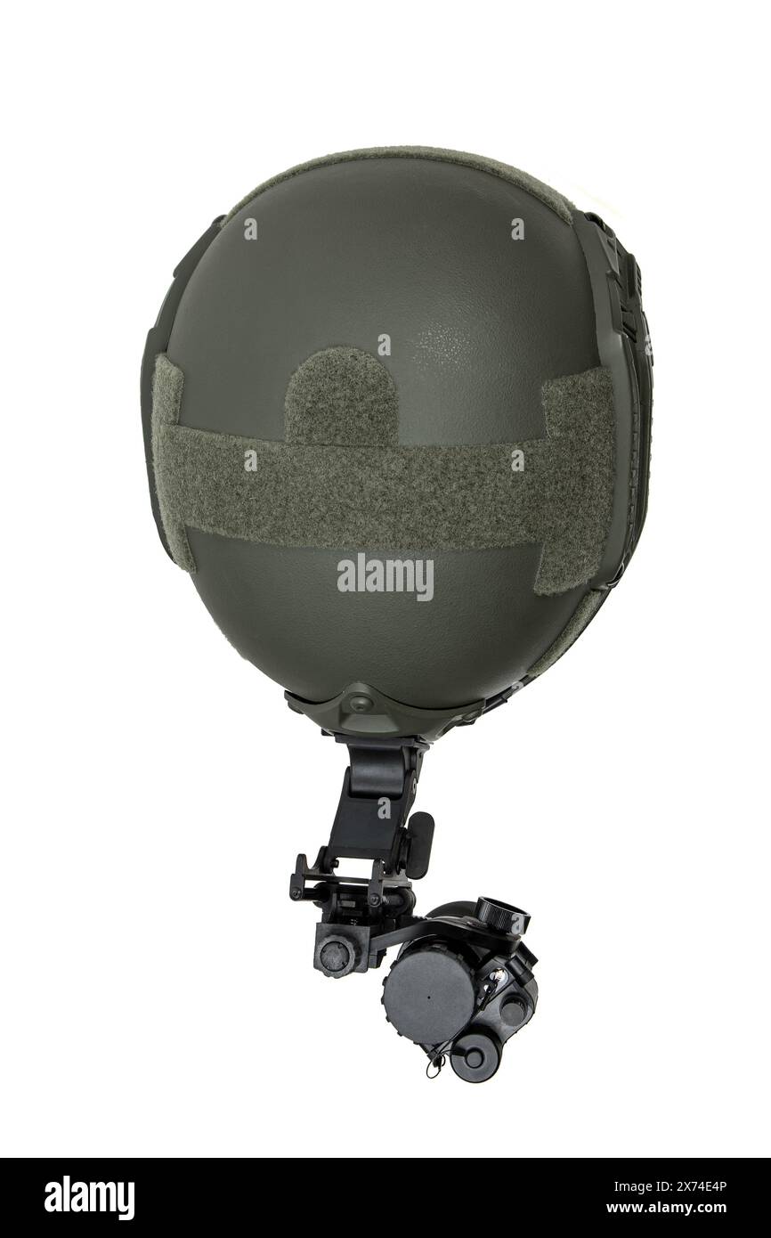 Night vision device attached to the helmet. A special device for observing in the dark. Equipment for the military, police and special forces.  Isolat Stock Photo