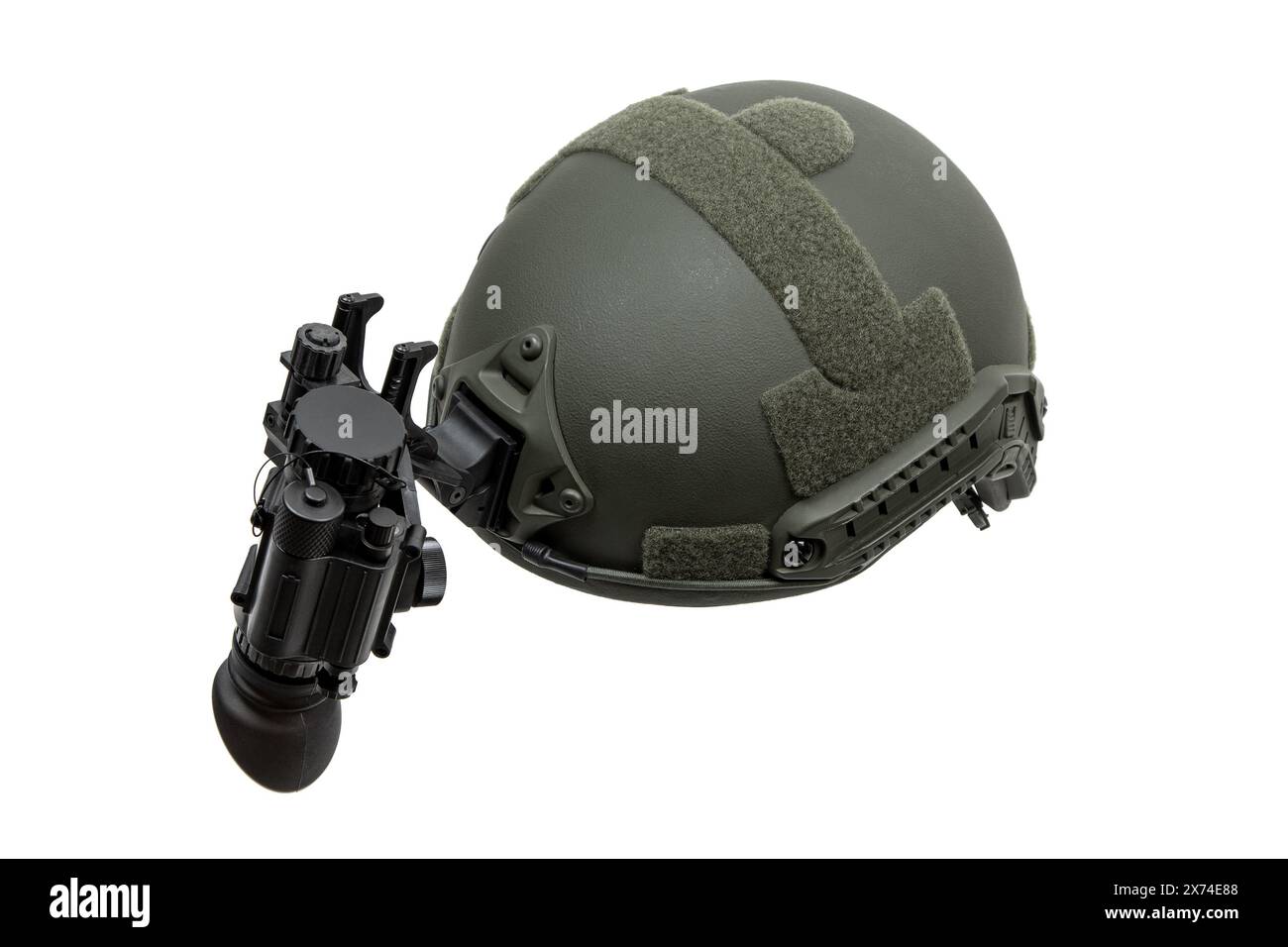 Night vision device attached to the helmet. A special device for observing in the dark. Equipment for the military, police and special forces.  Isolat Stock Photo