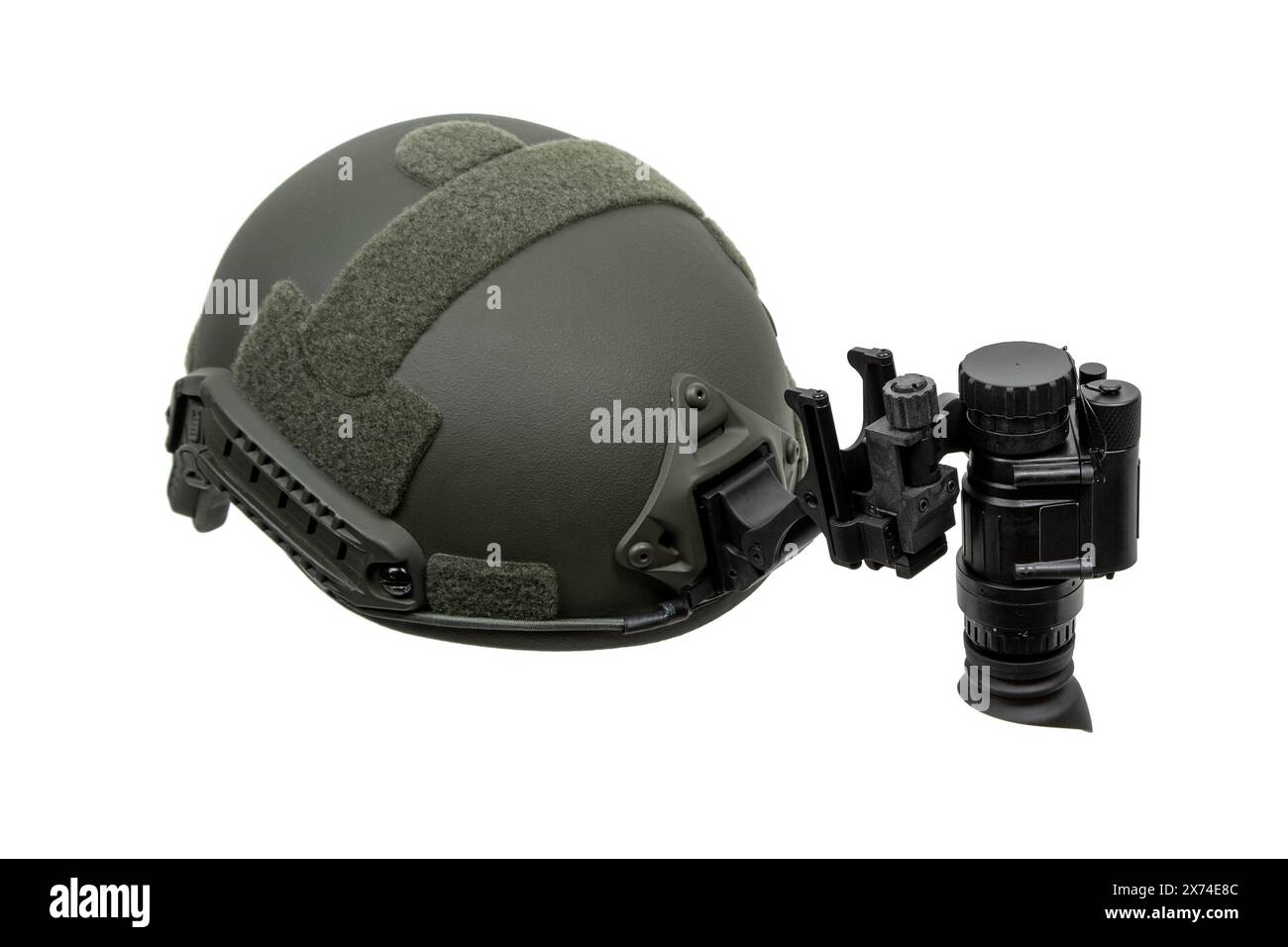 Night vision device attached to the helmet. A special device for observing in the dark. Equipment for the military, police and special forces.  Isolat Stock Photo