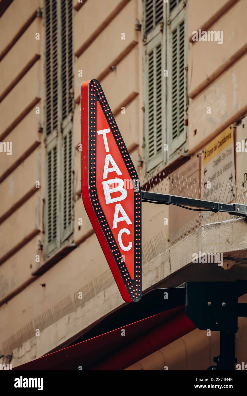 Nice, France - September 17, 2023: Sign of a tobacco shop in Nice in the old city area Stock Photo