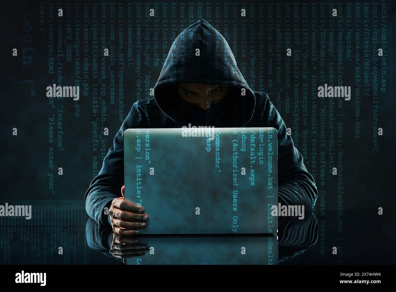 Coding, overlay and hacker on laptop in dark for programming, malware and information technology. Cybersecurity, user interface and person with Stock Photo