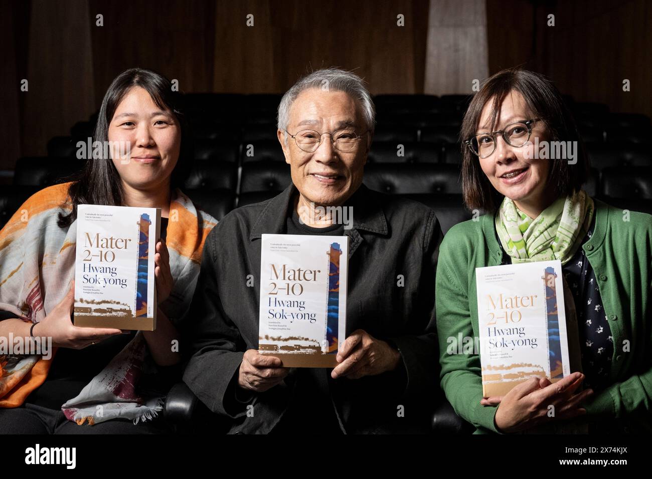 London, UK.  17 May 2024. (C) Author Hwang Sok-yong (Korean) and translators (R) Sora Kim-Russell (Korean/American) and Youngjae Josephine Bae (Korean) for ‘Mater 2-10’at a photocall for The International Booker Prize Shortlist at the Southbank Centre, ahead of the winner being announced on 21 May at Tate Modern.  The prize celebrates novelists and short-story writers from around the world as well as the art of translation by shining a light on the best translated fiction with the winning author and translator sharing the £50,000 prize equally.  Credit: Stephen Chung / Alamy Live News Stock Photo