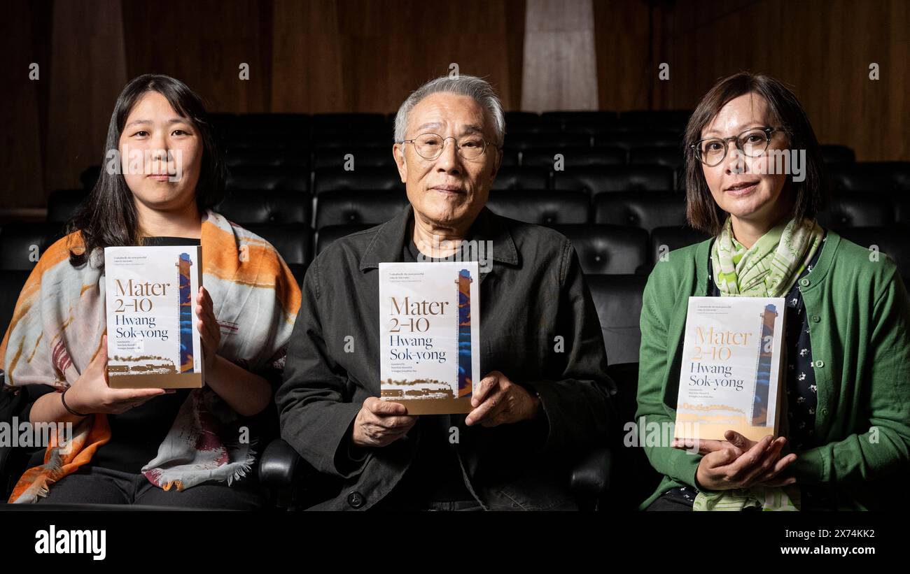 London, UK.  17 May 2024. (C) Author Hwang Sok-yong (Korean) and translators (R) Sora Kim-Russell (Korean/American) and Youngjae Josephine Bae (Korean) for ‘Mater 2-10’at a photocall for The International Booker Prize Shortlist at the Southbank Centre, ahead of the winner being announced on 21 May at Tate Modern.  The prize celebrates novelists and short-story writers from around the world as well as the art of translation by shining a light on the best translated fiction with the winning author and translator sharing the £50,000 prize equally.  Credit: Stephen Chung / Alamy Live News Stock Photo