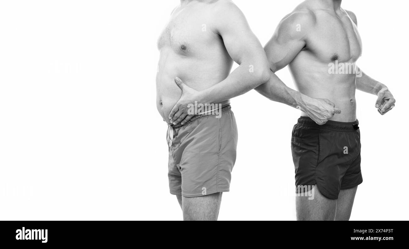 photo of men with belly abs comparison, copy space. belly abs