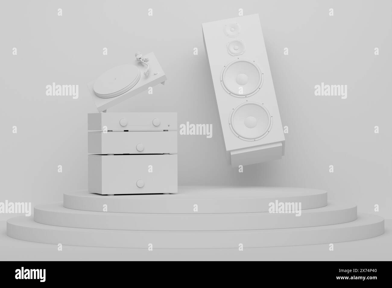 Abstract scene or podium with Hi-fi speakers and DJ turntable with vinyl LP record on monochrome background. 3d render of scene for product presentati Stock Photo