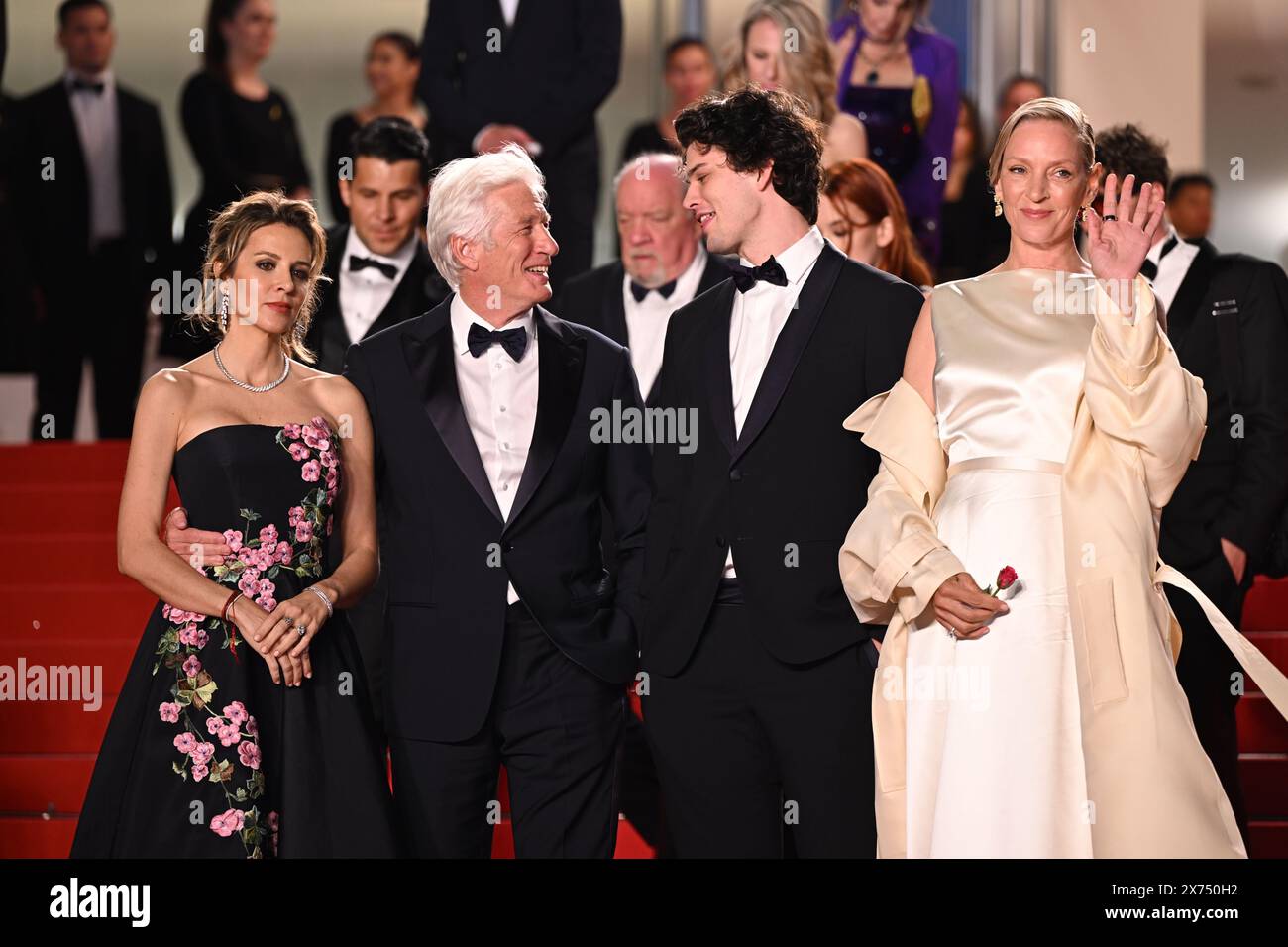 (left to right) Alejandra Silva, Richard Gere, Homer James Jigme Gere and Uma Thurman arrive for the screening of the film 'Oh Canada' during the 77th Cannes Film Festival in Cannes, France. Picture date: Friday May 17, 2024. Stock Photo