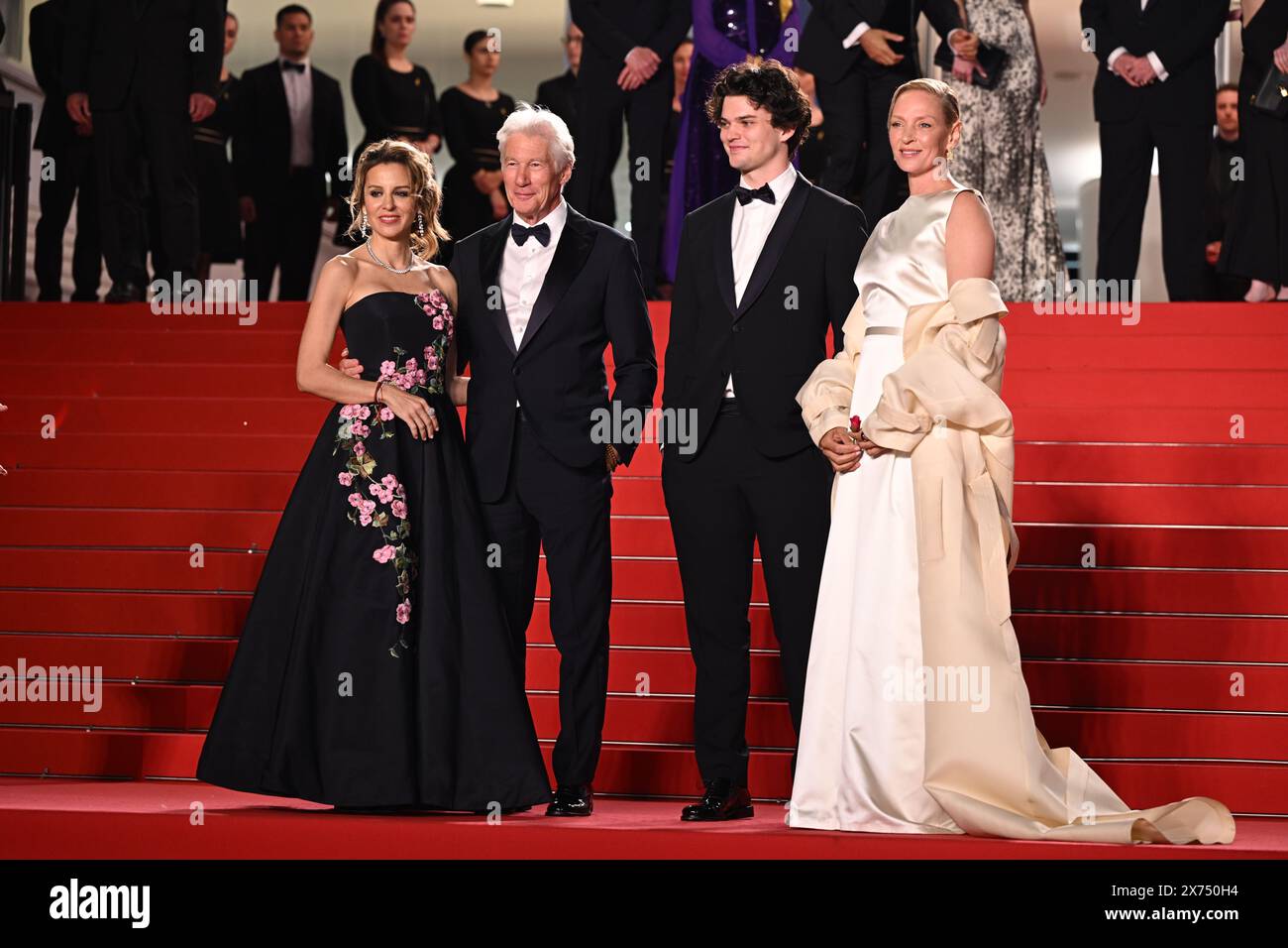 (left to right) Alejandra Silva, Richard Gere, Homer James Jigme Gere and Uma Thurman arrive for the screening of the film 'Oh Canada' during the 77th Cannes Film Festival in Cannes, France. Picture date: Friday May 17, 2024. Stock Photo
