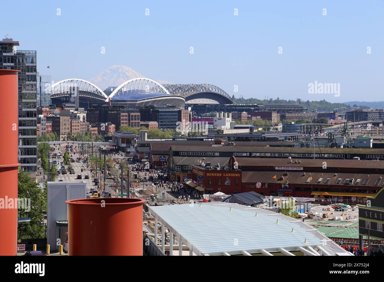 Waterfront, Alaskan Way, Seattle, Elliott Bay, Puget Sound, King County, Washington State, USA, Gulf of Alaska, North America Stock Photo