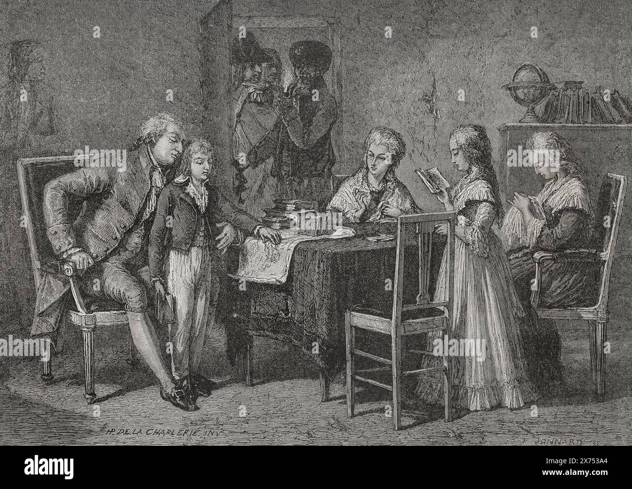French Revolution. On 13 August 1792 King Louis XVI (1754-1793) and the royal family were taken prisoners at the Temple in Paris. Occupations of the royal family in the Temple prison. Drawing by Hippolyte de la Charlerie. Engraving by Jonnard. 'History of the French Revolution'. Volume I, 1876. Author: Hippolyte de la Charlerie (1827-1869). Belgian artist. Stock Photo