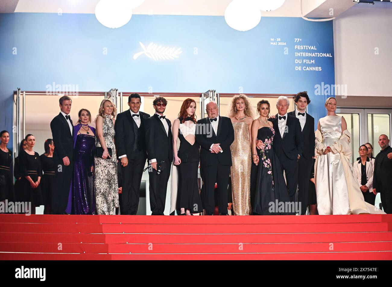 Cannes, France. 17th May, 2024. Scott Lastaiti, Luisa Law, Tiffany Boyle, a guest, Andrew Wonder, Taylor Jeanne, Paul Schrader, Penelope Mitchell, Alejandra Silva, Richard Gere, Homer James Jigme Gere and Uma Thurman attend the 'Oh, Canada' Red Carpet at the 77th annual Cannes Film Festival at Palais des Festivals on May 17, 2024 in Cannes, France. Credit: Live Media Publishing Group/Alamy Live News Stock Photo
