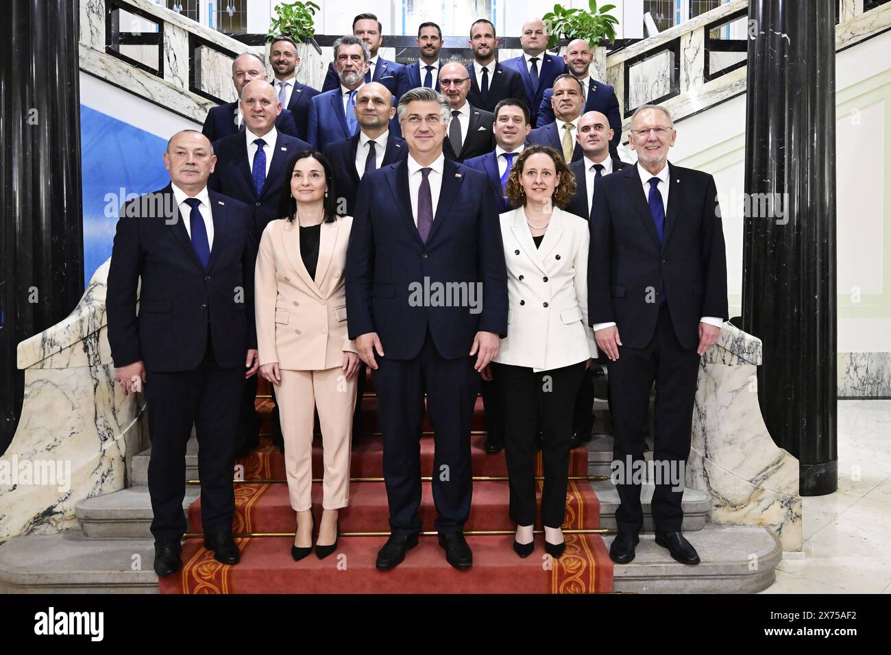 Croatia, Zagreb, 170524. After the first session of the 11th convocation of the Croatian Parliament, the new Government of Mandate Andrej Plenkovic was voted in. In the photo: photographing of the representative Andrej Plenkovic with the ministers, Marko Primorac, Tonci Glavina, Sime Erlic, Ante Susnjar, Ivan Sipic, Damir Habijan, Marin Piletic, Radovan Fuchs, Gordan Grlic Radman, Vili Beros, Branko Bacic, Ivan Anusic, Oleg Butkovic, Josip Dabro, Tomo Medved, Marija Vuckovic, Nina Obuljen Korzinek, Davor Bozinovic. Photo: Boris Kovacev / CROPIX Hrvatska Copyright: xxBorisxKovacevx vlada stubis Stock Photo