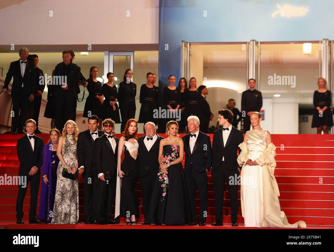 May 17, 2024, Cannes, Cote D'azur, France: Scott Lastaiti, Luisa Law, Tiffany Boyle, a guest, Andrew Wonder, Taylor Jeanne, Paul Schrader, Penelope Mitchell, Alejandra Silva, Richard Gere, Homer James Jigme Gere and Uma Thurman attend the 'Oh, Canada' Premiere screening at the 77th Annual Cannes Film Festival at Palais des Festivals in Cannes, France (Credit Image: © Mickael Chavet/ZUMA Press Wire) EDITORIAL USAGE ONLY! Not for Commercial USAGE! Stock Photo