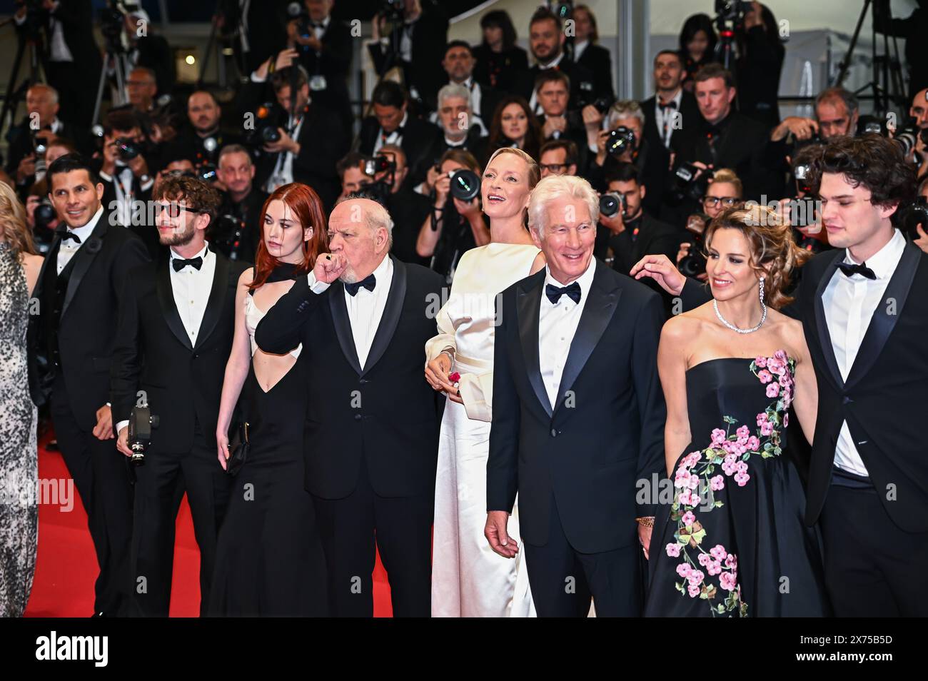 Cannes, France. 17th May, 2024. Penelope Mitchell, Paul Schrader, Richard Gere, Alejandra Silva, Homer James Jigme Gere, and Uma Thurman are attending the ''Oh, Canada'' Red Carpet at the 77th annual Cannes Film Festival at Palais des Festivals in Cannes, France, on May 17, 2024. (Photo by Stefanos Kyriazis/NurPhoto) Credit: NurPhoto SRL/Alamy Live News Stock Photo