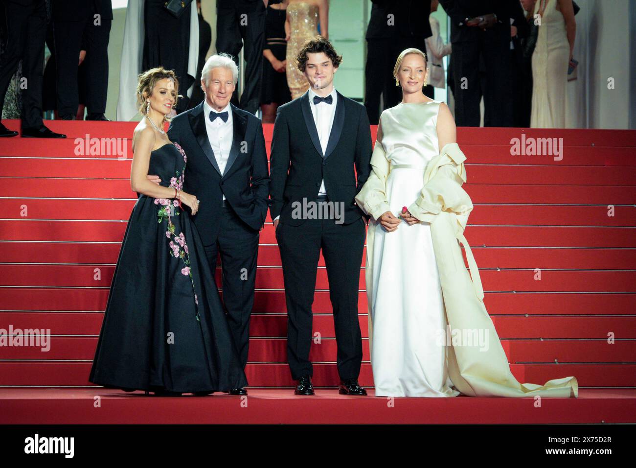 Cannes, France. 17th May, 2024. Andrew Wonder, Taylor Jeanne, Paul Schrader, Alejandra Silva, Richard Gere, Homer James Jigme Gere and Uma Thurman attends the ''Oh, Canada'' Red Carpet at the 77th annual Cannes Film Festival at Palais des Festivals on May 17, 2024 in Cannes, France. (Photo by Daniele Cifala/NurPhoto) Credit: NurPhoto SRL/Alamy Live News Stock Photo