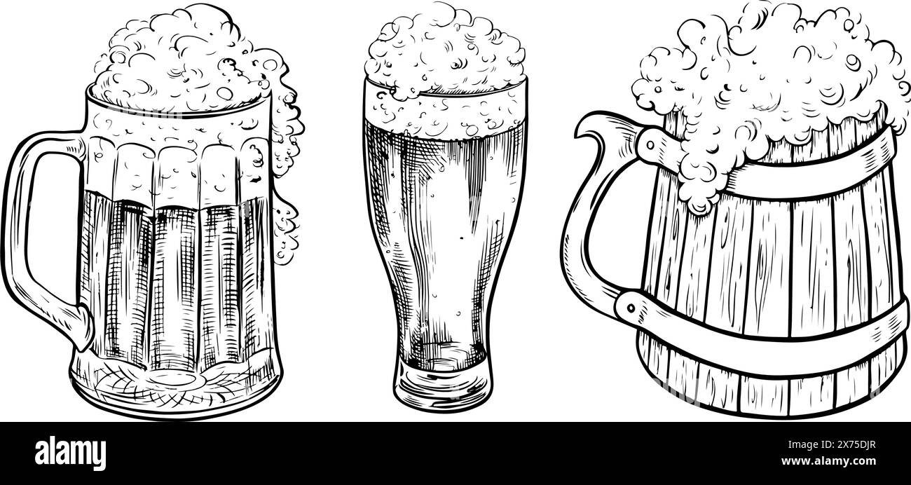 A set of beer mugs. Vintage vector engraving for web pages, posters ...