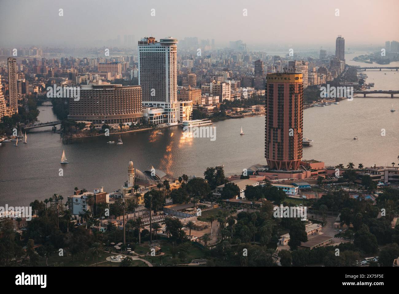 Aerial view of the island suburb of Zamalek in the River Nile, seen ...