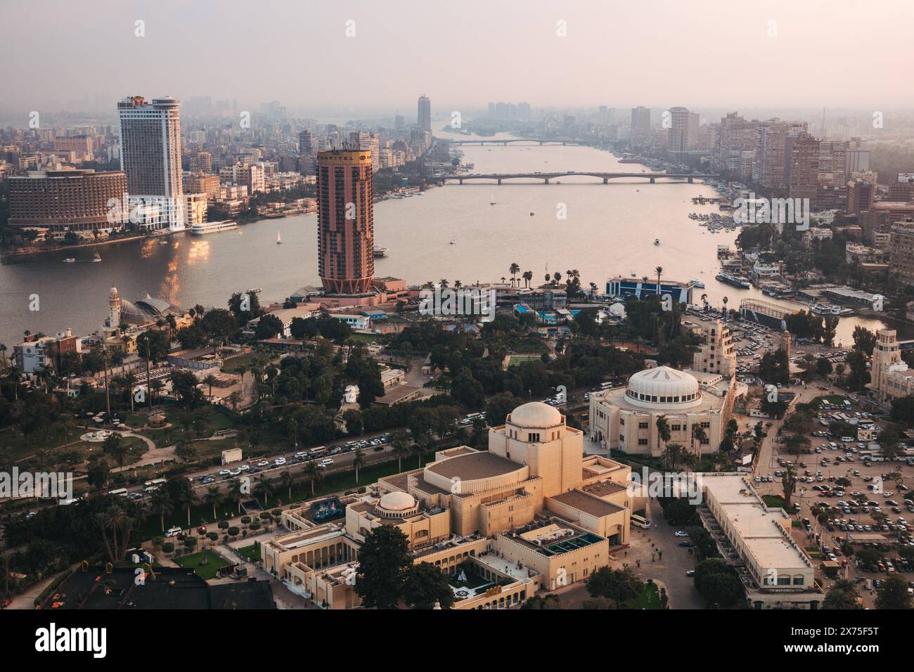 Aerial view of the island suburb of Zamalek in the River Nile, seen ...